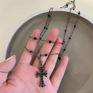 (พร้อมส่ง จากไทย) จี้ไม้กางเขน Y2K Necklacesสร้อยคอไม้กางเขน เพชรสีดำสองชั้น สร้อยแฟชั่น โชคเกอร์ N56