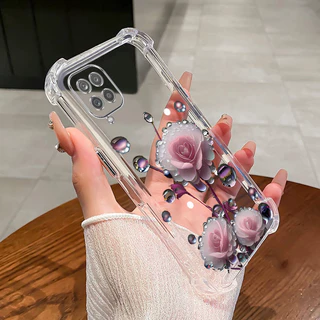 SAMSUNG สําหรับSamsung A12 M12 A22 4G 5G M22 M23 4G M33 เคสโทรศัพท์ดอกไม้สีชมพูBudสี่มุมซิลิโคนTPUโปร่งใสSoft shell ﻿ดีซ