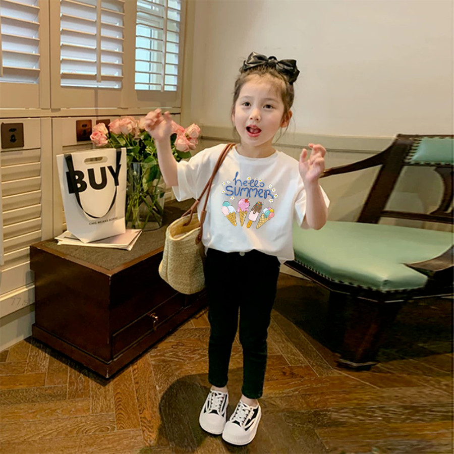（พร้อมส่งจากกทม มาถึงใน 2วัน）เสื้อยืดแขนสั้นเด็กผู้หญิงพิมพ์การ์ตูนไอศกรีม ฤดูร้อน 2025 เสื้อเด็กผ้าฝ้ายหลวมแฟชั่นใหม่