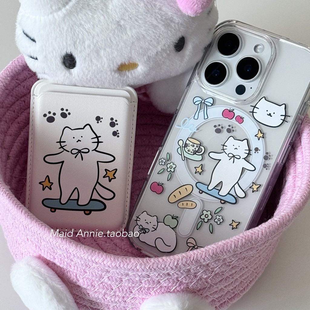 Huiwanju การ์ตูนแมวเคสโทรศัพท์มือถือแม่เหล็กเหมาะสําหรับ iPhone16promax เคสป้องกัน 15pro/14pro หญิง 12 โปร่งใสป้องกันการตก x น่ารัก 13pro กระเป๋าการ์ด 11 รุ่นใหม่