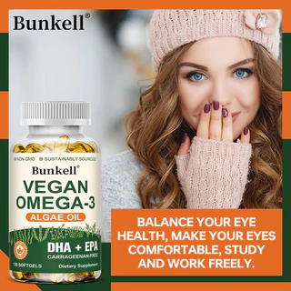 ผลิตภัณฑ์เสริมอาหาร Bunkel Vegan Omega 3, 300 มก. DHA & 150 มก. EPA - รองรับสุขภาพหัวใจ สมอง & ตา