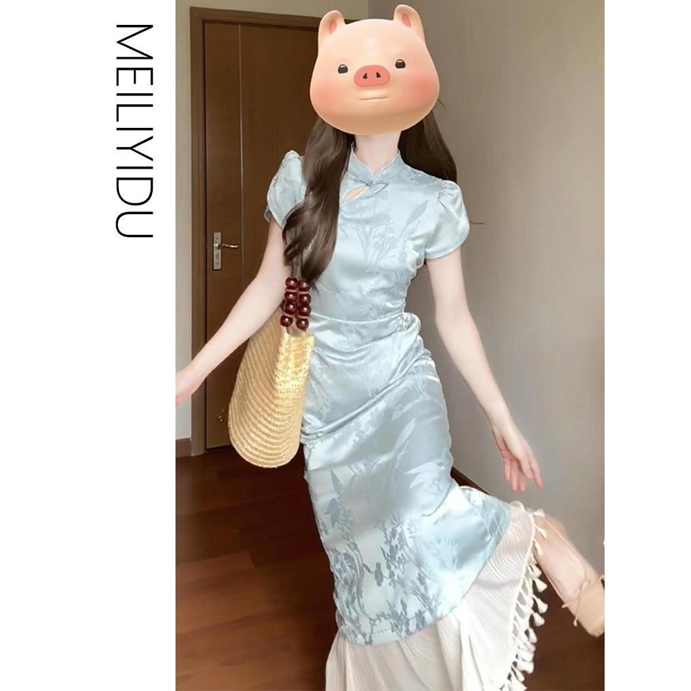 ร้านค้าแนะนํา [เมฆสีฟ้าสั่งซื้อ] ชุดจีนใหม่ย้อนยุคปรับปรุงชุดกี่เพ้ารูปแบบสีเข้มชุด ผ้าแจ็คการ์ด แคบ-เอวแขนสั้นชุดแฟชั่นย้อนยุค