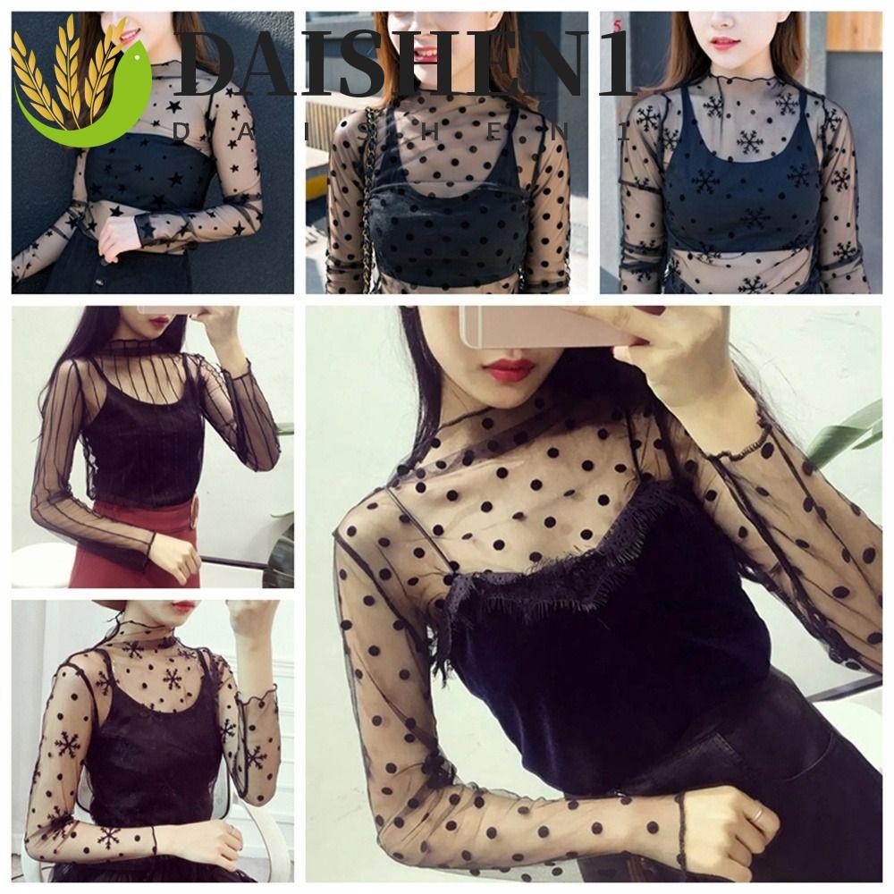 ดานิช1ลูกไม้ทีเสื้อ,ซีทรูแขนยาวตาข่ายสุภาพสตรีท็อปส์,แฟชั่นคอเต่าตาข่ายเสื้อแหอวนใสเสื้อยืดผู้หญิงสาว