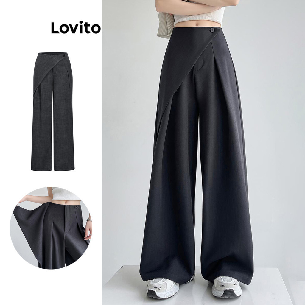 Lovito กางเกงผู้หญิง เย็บหลอกสองชิ้น มีกระดุม แต่งจีบ สีพื้น สไตล์ลำลอง L88AD107