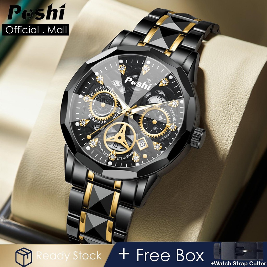 POSHI นาฬิกาสําหรับผู้ชายกันน้ําสแตนเลสการเคลื่อนไหวอัตโนมัติทองสีดําธุรกิจ Casual Relo