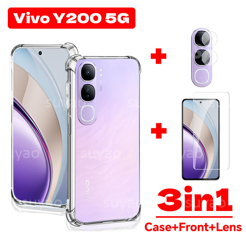 สําหรับ Vivo Y200 5G 2024 3in1 เคสโทรศัพท์ปลอกใส VivoY200 Y 200 กันกระแทก Soft TPU ง่ายกระจกนิรภัยหน้าจอป้องกันฟิล์มกล้อง HD 9H เลนส์ปกหลัง