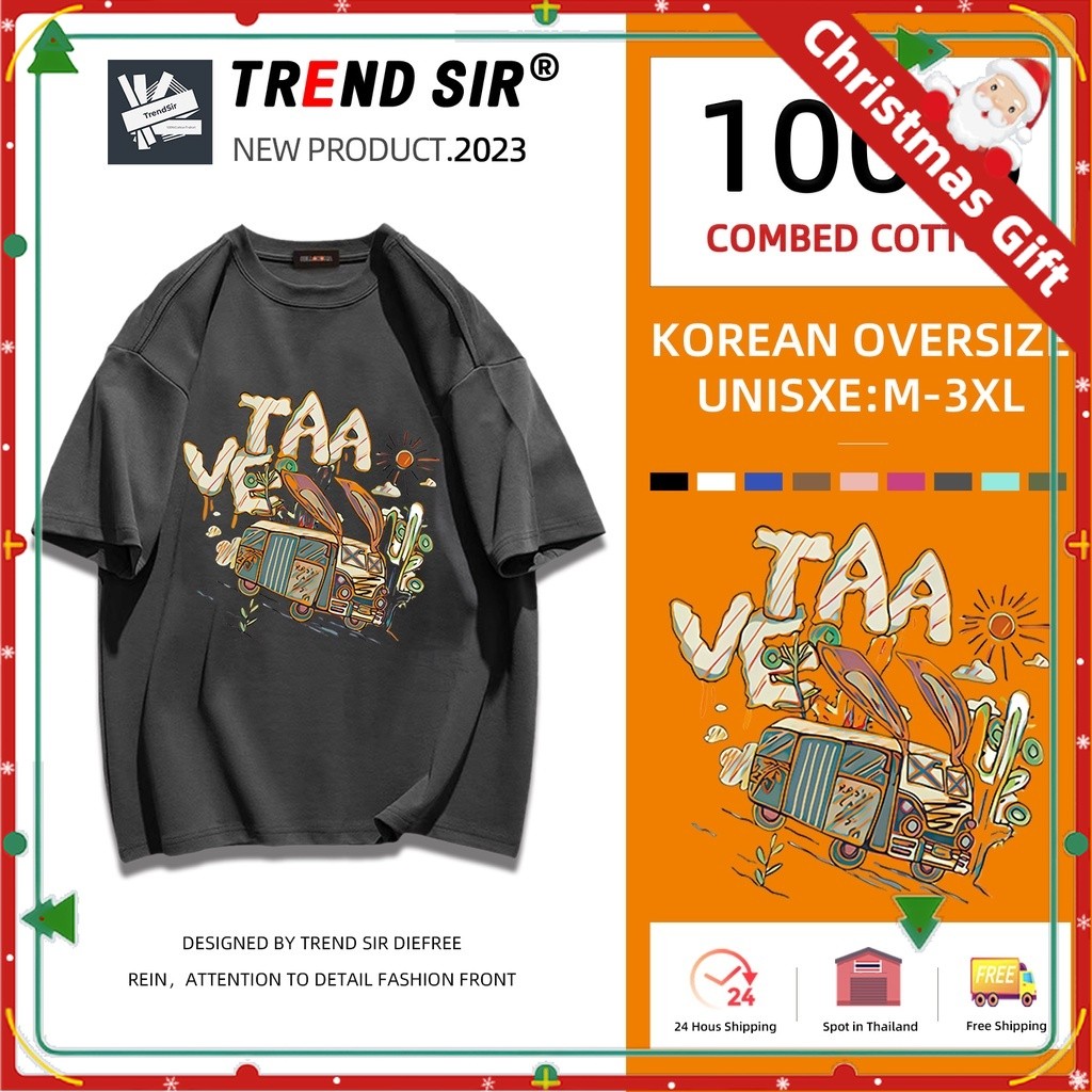 TrendSir เสื้อยืด คอกลม ผ้าฝ้าย ทรงหลวม โอเวอร์ไซซ์ สไตล์วินเทจ 8 สี ไซซ์ M-3Xl 100%cotton