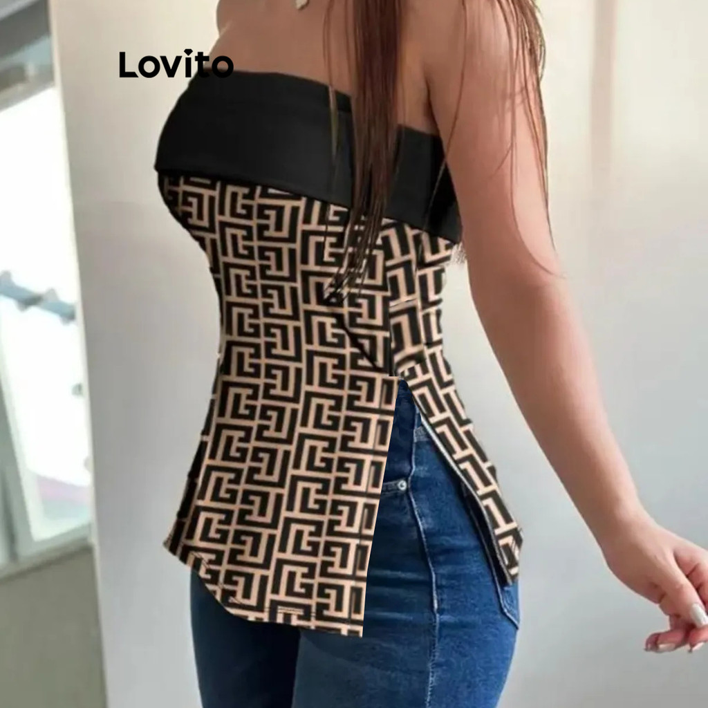 Lovito เสื้อเกาะอกสาวอวบ ลายเรขาคณิต ผ้าเย็บต่อ สไตล์หรูหรา LBL13031