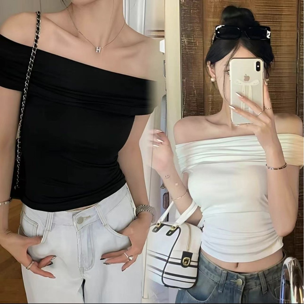 115 พร้อมส่งจากกทม เสื้อยืดแขนสั้นเซ็กซี่ผู้หญิง เปิดไหล่ข้างเดียว ปาดไหล่จับจีบเสื้อแขนกุด สไตล์ยุโรปและอเมริกา