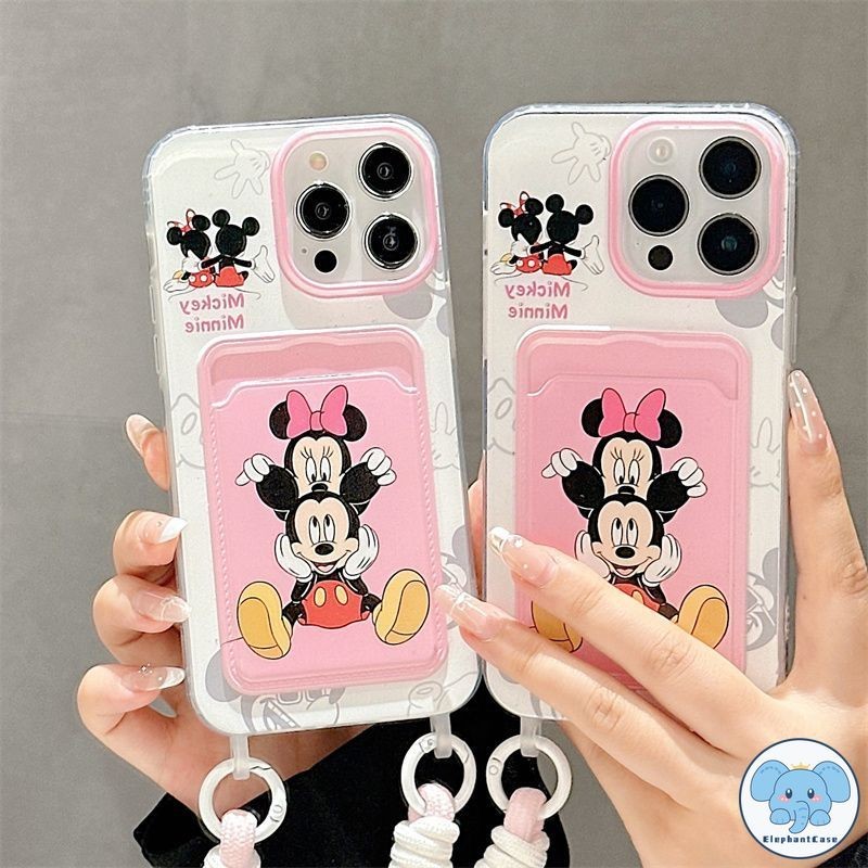 การ์ตูนมิกกี้เมาส์เข้ากันได้กับเคสไอโฟน 15 16 11 13 XR 14 12 Pro Max 7 8Plus X XS Max SE 2020 เชือกกระเป๋าสตางค์บัตรเคส