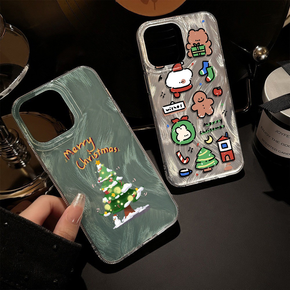 ชุดคริสต์มาส สําหรับiphone 15 Pro Max 16 14 XR 13 11 12 Pro Max 8 7 6 6S Plus X Xs Max Se 2020 13 12 11 Silver FeatherหรูหราHographic Laser Shellแบรนด์อินเทรนด์ซิลิโคนนุ่มกรณี