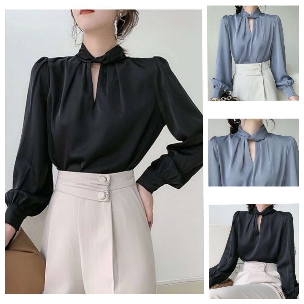 เสื้อเชิ้ตผู้หญิงแขนยาวสไตล์ฮ่องกงฤดูใบไม้ร่วงออกแบบซอกด้านบนฤดูใบไม้ผลิและฤดูใบไม้ร่วงอะซิเตทยืนขึ้นปกเสื้อซาตินเสื้อแสง แฟมิเลีย