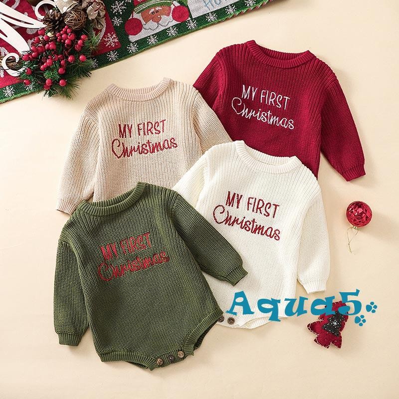 Aqq-baby ชุดกันหนาวเด็ก Romper ลายตัวอักษรคริสต์มาส แขนยาว คอถัก Bubble Jumpsuit