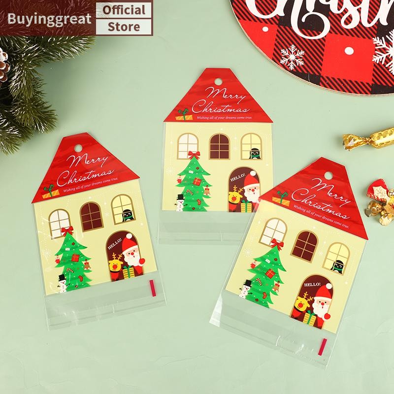 Tst 50 ชิ้นคริสต์มาส Santa Claus บ้านรูปร่างถุงขนม DIY คุกกี้บรรจุภัณฑ์ถุง Merry Christmas Party ตกแต่ง SG