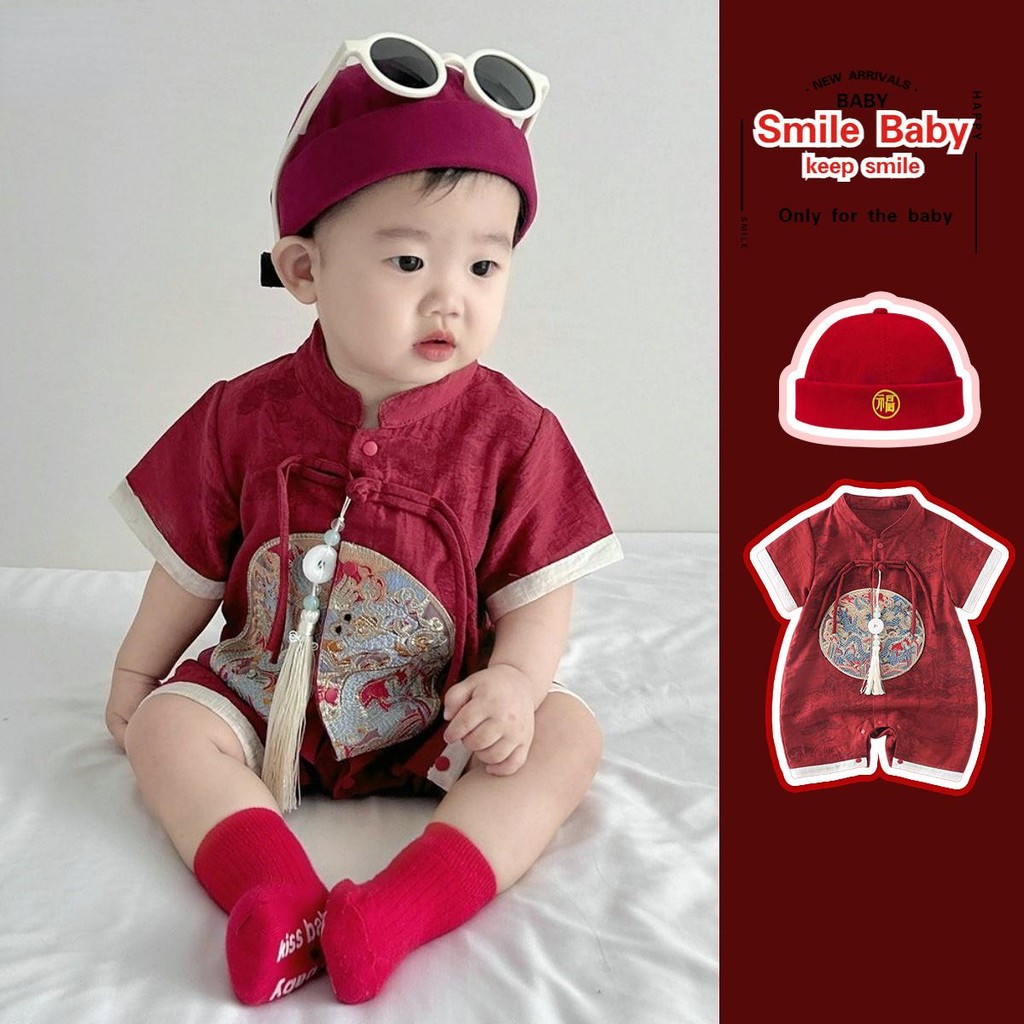 ฤดูร้อนใหม่เสื้อผ้าเด็กชายและหญิงแขนสั้นเข็มขัดชิ้นเดียวจี้ 0-24 เดือนเด็กบางจีนปัก ชุดรอมเปอร์