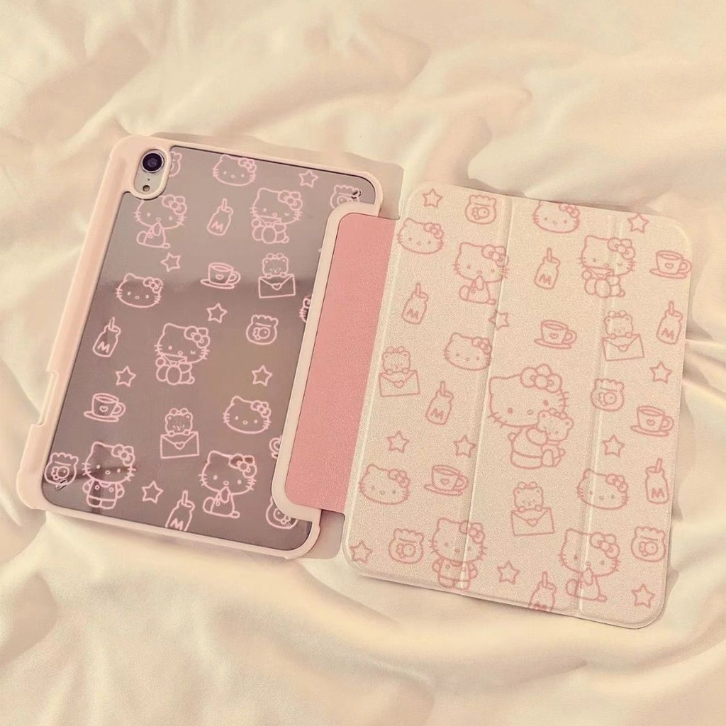 การ์ตูน Hello Kitty สามพับอะคริลิคสําหรับ iPad แท็บเล็ต Case2024air6 Pro11 Air3/4/5 10.9 10.5gen10th 2022Mini4/5/6 8.3 Air1/2 9.7gen7gen8gen9 10.2 นิ้วพร้อมช่องเสียบปากกาฝาครอบป้องกัน