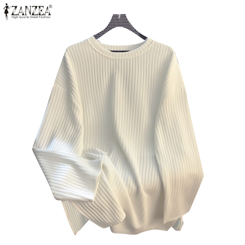 Zanzea เสื้อยืดคอกลมแขนยาวผู้หญิงแยกเฮมพิทลายทาง
