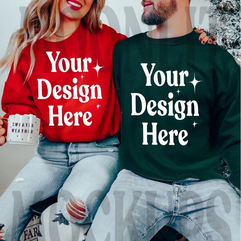 Gildan 18000 Sweatshirt Couples Mockup - Red Sweatshirt Mockup- Forest Green Sweatshirt Mockup- Chri