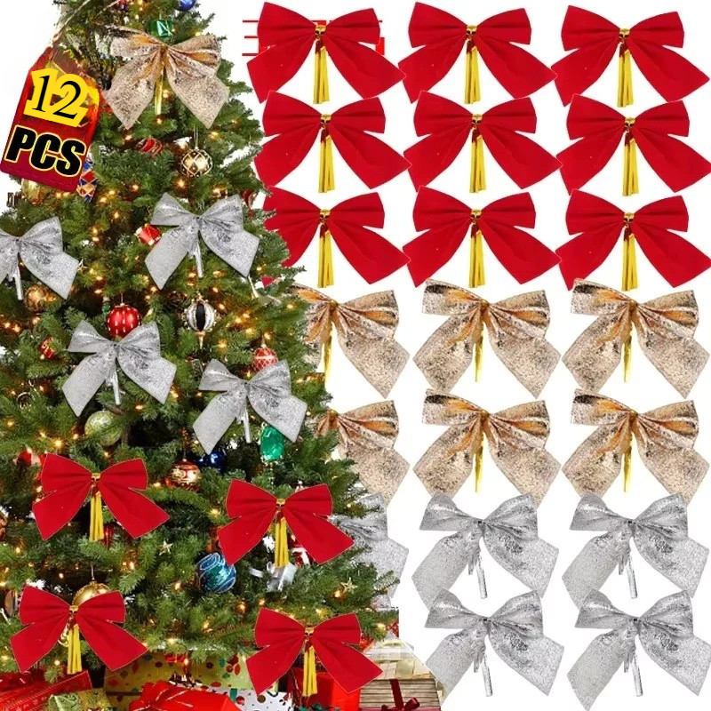 12 ชิ้น/แพ็คต้นคริสต์มาส DIY ตกแต่งมินิโบว์เครื่องประดับ-คลาสสิกสีแดงทองเงิน Bowknot Xmas Party Supplies