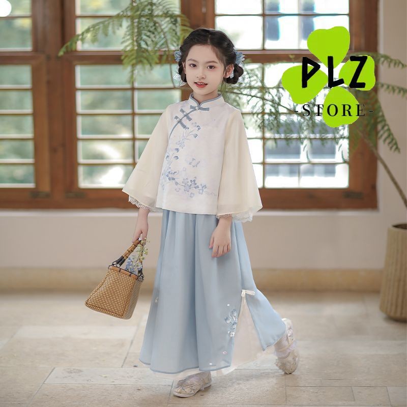 Hanfu สาวฤดูใบไม้ผลิฤดูใบไม้ร่วงสไตล์จีน Tang ชุดเด็กสไตล์โบราณ Super Fairy แขนยาวสไตล์จีนชุดกลางฤดูใบไม้ร่วงจีนเครื่องแต่งกายโบราณเด็กเสื้อผ้า