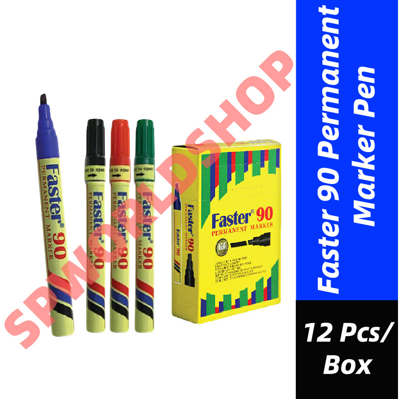 12-PCSFaster 90 ปากกามาร์กเกอร์ถาวร Xylene ฟรี Faster ปากกามาร์กเกอร์ถาวร MF-90 สีฟ้าสีแดงสีดํา