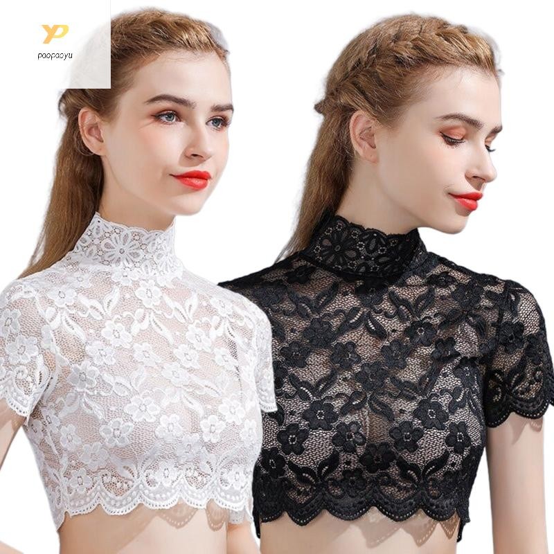 Women Turtleneck Detachable Collar Floral Lace Short Sleeve Half Shirt Dickey
