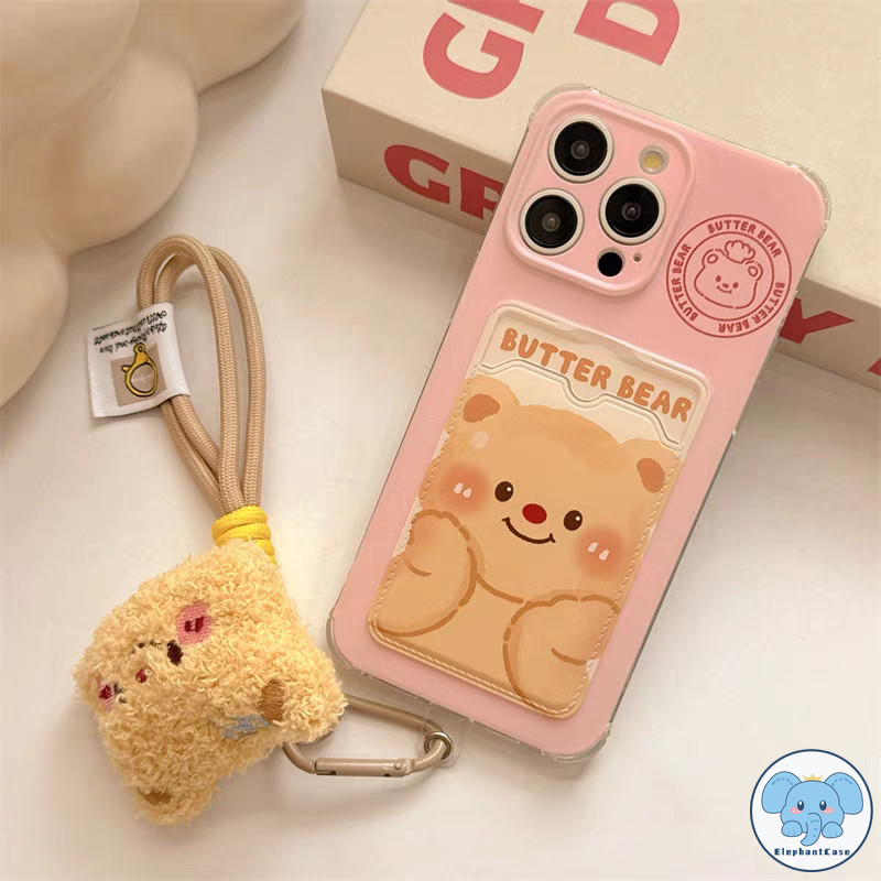 น่ารัก Butter Bear เข้ากันได้เคสไอโฟน 16 13 11 XR 15 14 12 Pro Max 7 8Plus X XS Max SE 2020 เชือกกระเป๋าสตางค์บัตรเคส