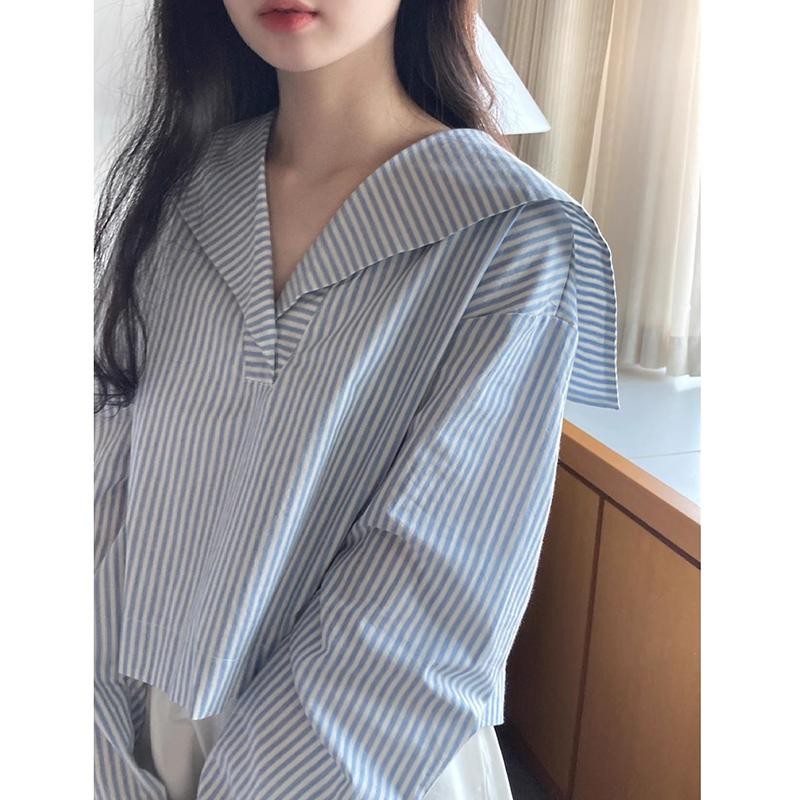 KOKO#เสื้อเชิ้ตคอปกสีกรมท่าแขนยาวลายทาง สไตล์วิทยาลัย คอวี เสื้อครอปทรงหลวม #w519 - รูปที่ 4