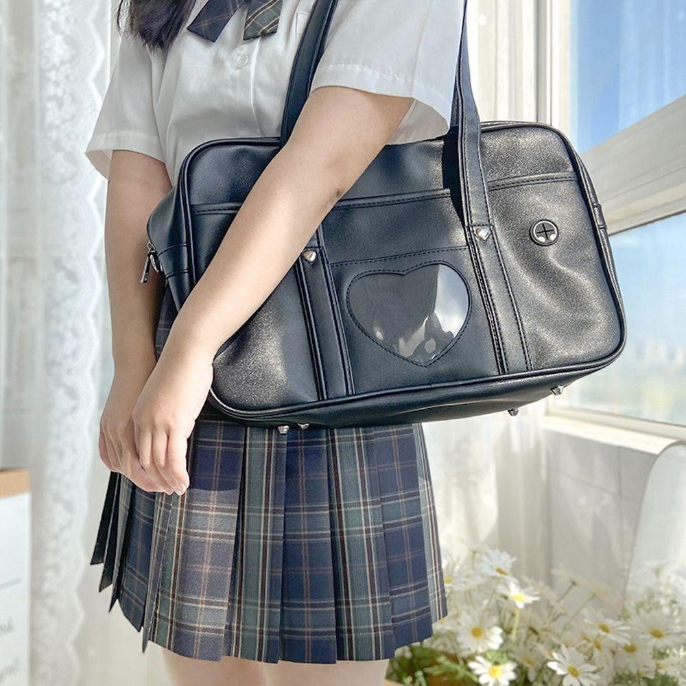 Wellnessspot นักเรียน Tote กระเป๋า, PU หนัง Lolita Heart JK กระเป๋า, แฟชั่นอะนิเมะญี่ปุ่นสีดําสีขาว Junior High School กระเป๋าถือหญิง