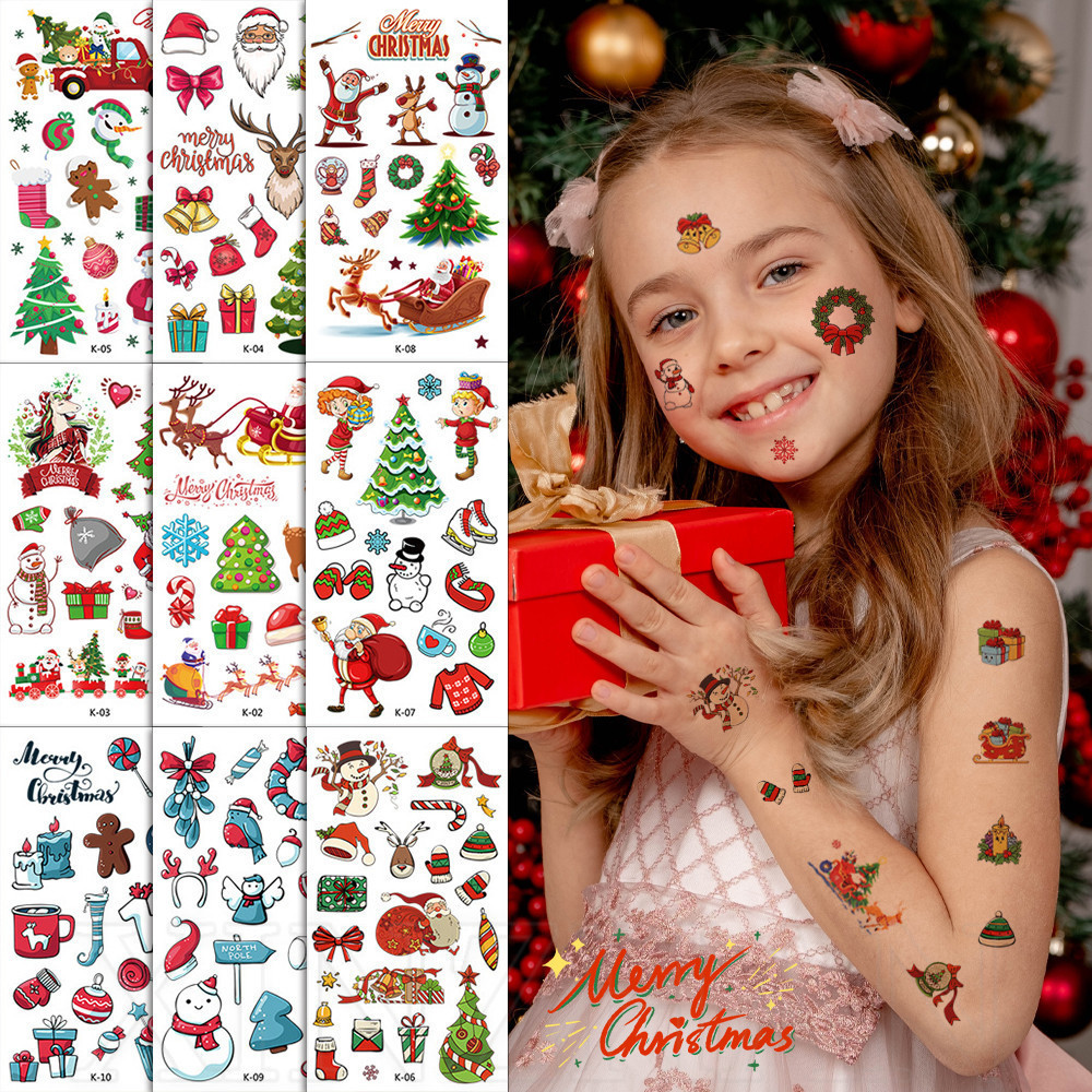 Tattoo Chrismas  สติ๊กเกอร์แท็คทู ลายคริสต์มาส แทททูกันน้ำ 1 แผ่น สุ่มลาย  : แบบปกติ