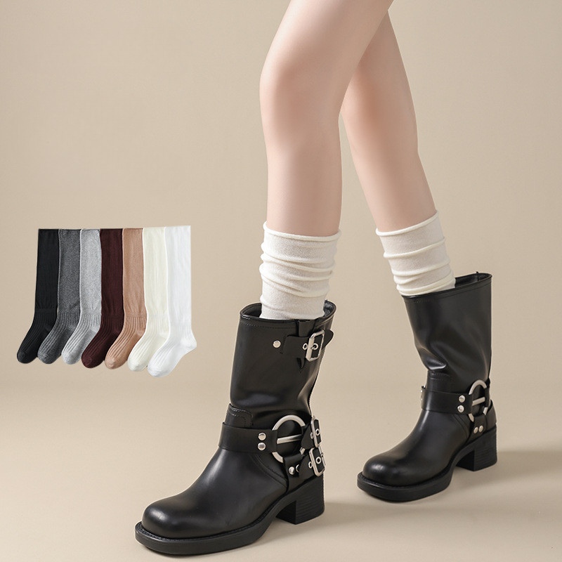 Milky White Pile of ถุงเท้าสําหรับผู้หญิง Ins สไตล์ญี่ปุ่น Jk Splicing Stacked ถุงเท้าผ้าฝ้ายแท้ Maillard รองเท้าลูกวัวถุงเท้า