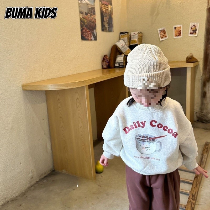 Buma KIDS เสื้อตัวอักษรการ์ตูนหนาสําหรับเด็ก, เสื้อยืดแฟชั่นคอกลมลําลอง