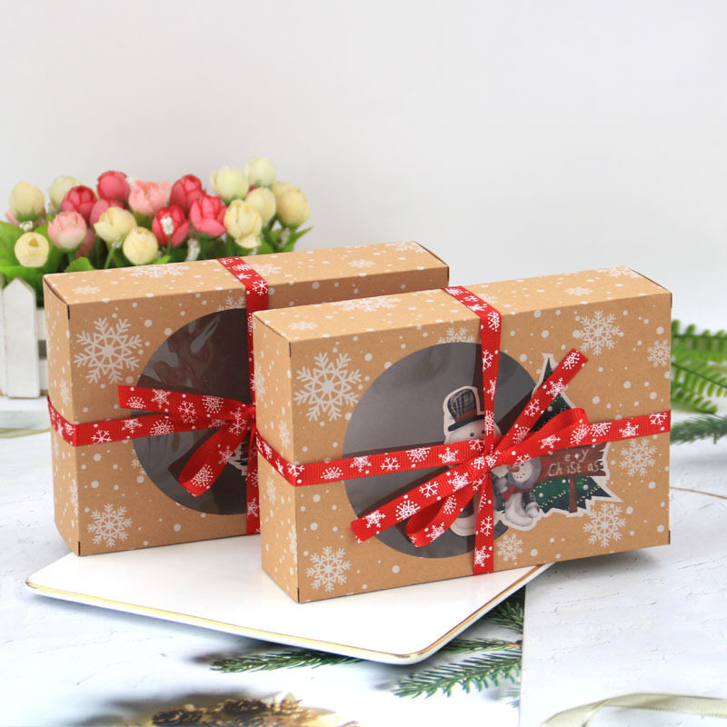 กล่องของขวัญ กล่องช่องหน้าต่างคริสมาสต์ ขนาด 18x12x5cm 1แพคมี 6ใบ 2ลาย(ลายละ 3ใบ) มาพร้อมริบบิ้น