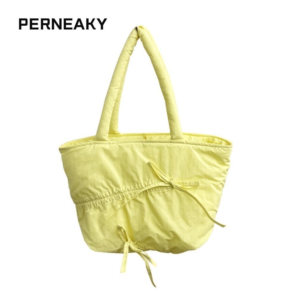 Perneaky กระเป๋าสตรี, สีทึบ Bowknot Lace up Tote Bag, กระเป๋าถือจีบหูรูดทรงสี่เหลี่ยมความจุขนาดใหญ่