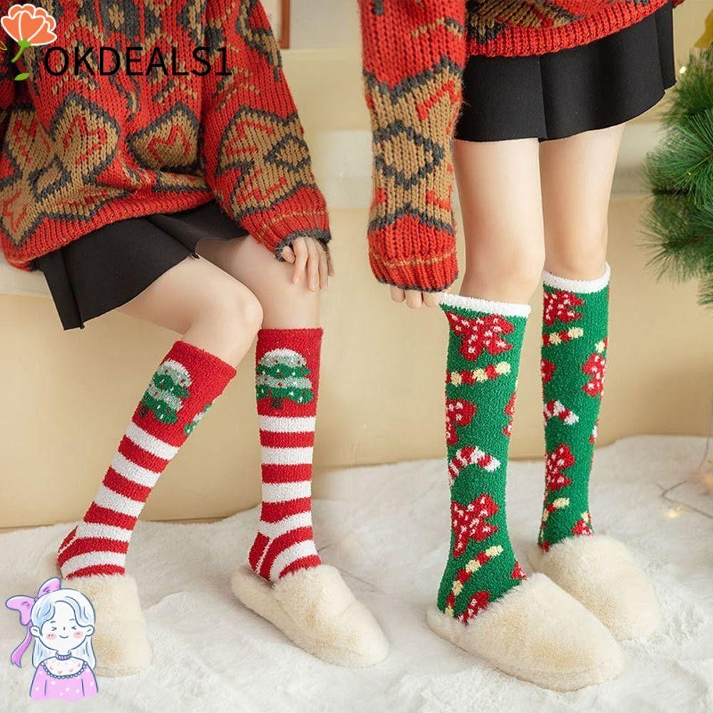 Dealshop ถุงเท้าเตียง, ถุงเท้าปุย Plush ถุงเท้าคริสต์มาส, ฤดูหนาวที่อบอุ่นการ์ตูน Elk Santa Claus Soft Thicken ถุงเท้าชั้นสําหรับผู้หญิง