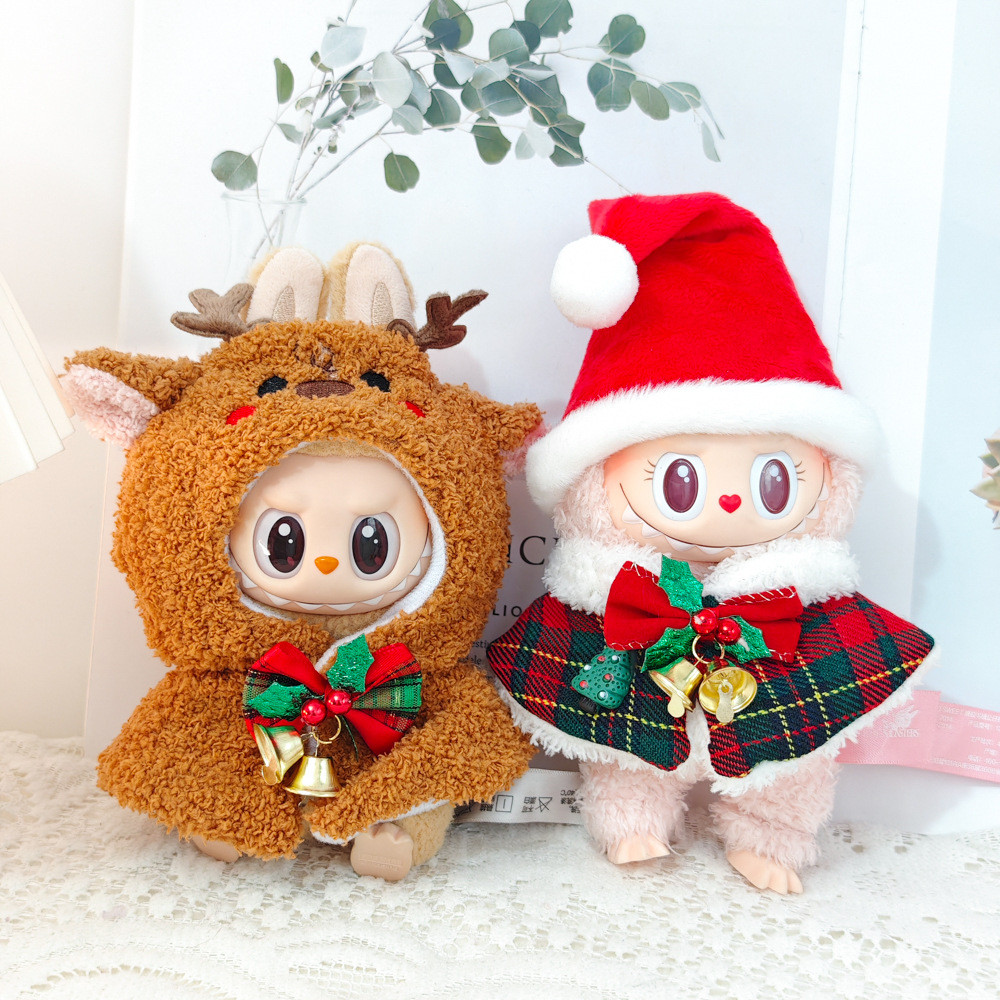 (ผ้าเท่านั้น) สําหรับ17ซมผ้าตุ๊กตา เสื้อผ้าเด็ก Labubu v1/v2 กล่องตาบอดจี้คริสต์มาส bell deer snowman cape ฤดูหนาวยอดนิยม
