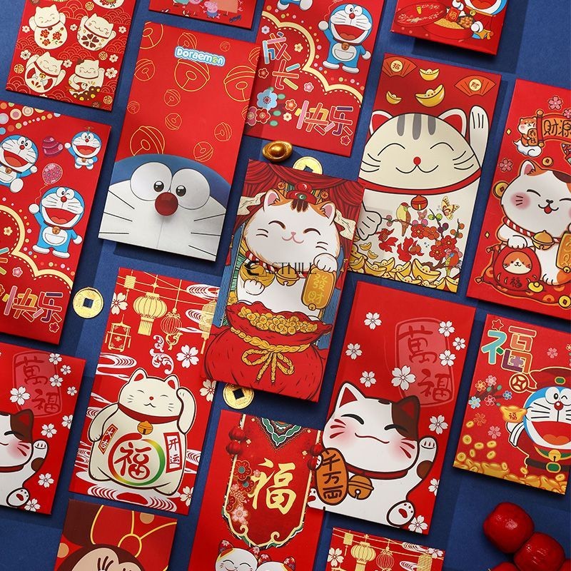 10ชิ้นการ์ตูนน่ารักโดราเอมอนโชคดีแมวแพ็คเก็ตสีแดงงูปีโชคดีซองจดหมายสีแดงเทศกาลฤดูใบไม้ผลิซองเงิน2025