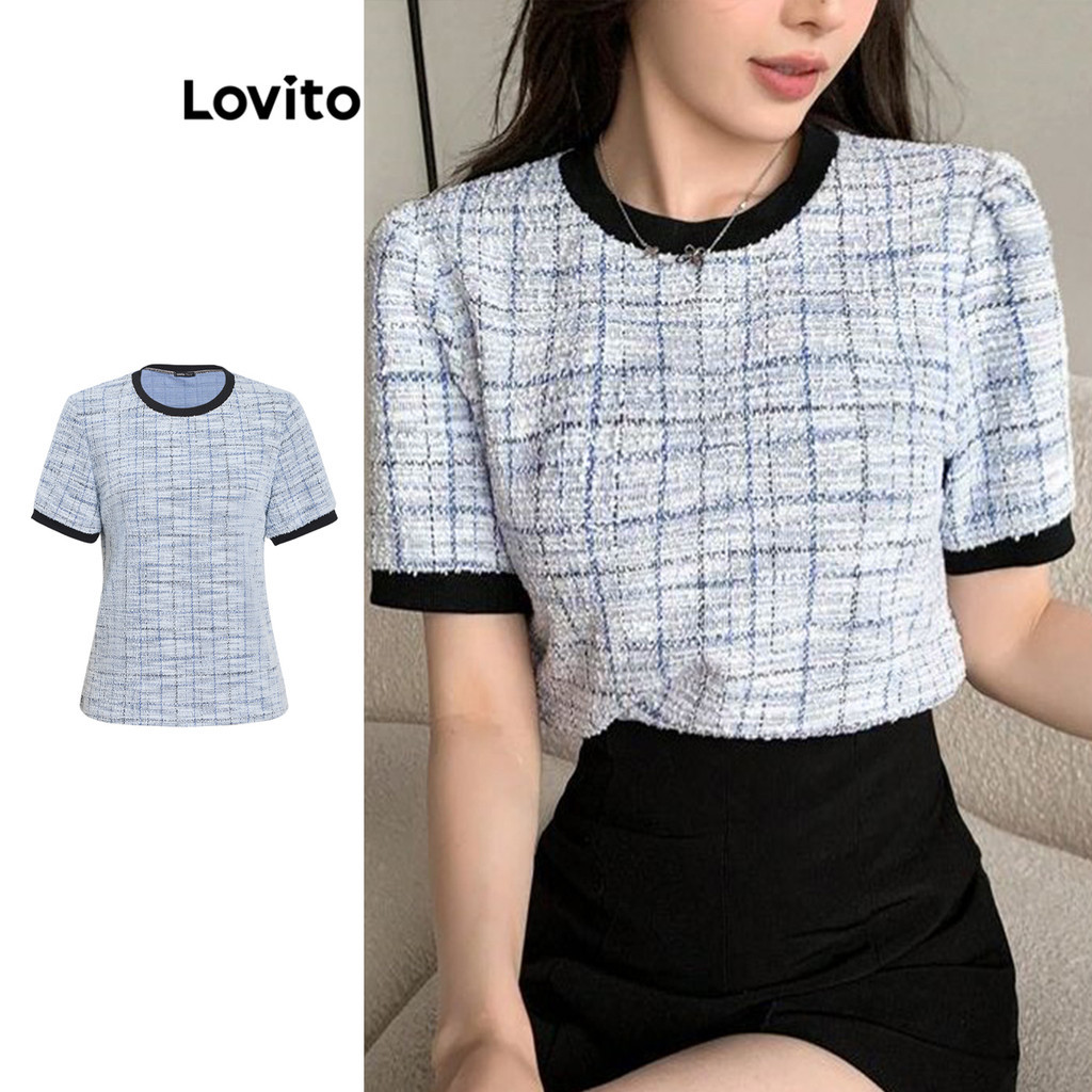 Lovito เสื้อเบลาส์ ผ้าฝ้ายลายตาราง ซ้ำซ้อน บล็อกสี สำหรับผู้หญิง L99ED175