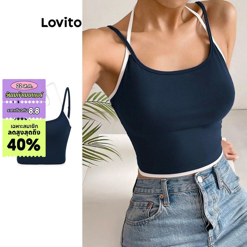 Lovito เสื้อสายเดี่ยวผู้หญิง ผูกด้านหลัง คัลเลอร์บล็อก สีพื้น สไตล์ลำลอง L74ED032 (สีน้ำเงินเข้ม)