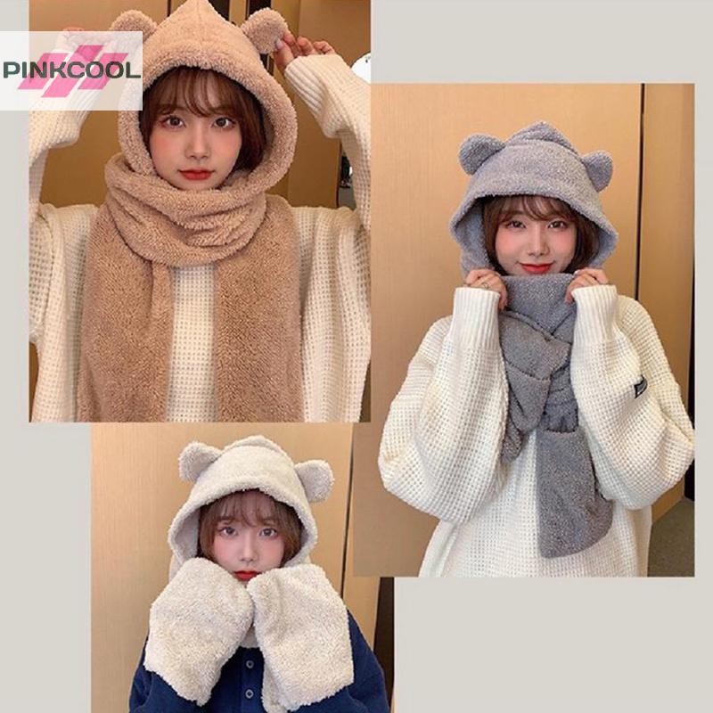 Pinkcool ฤดูใบไม้ร่วงและฤดูหนาวการ์ตูนหมีน่ารักหมวกผ้าพันคอสามในหนึ่งเดียวหมวกสไตล์เกาหลีที่อบอุ่นและสะดวกสบายป้องกันหูหมวกออลอินวันร้อน