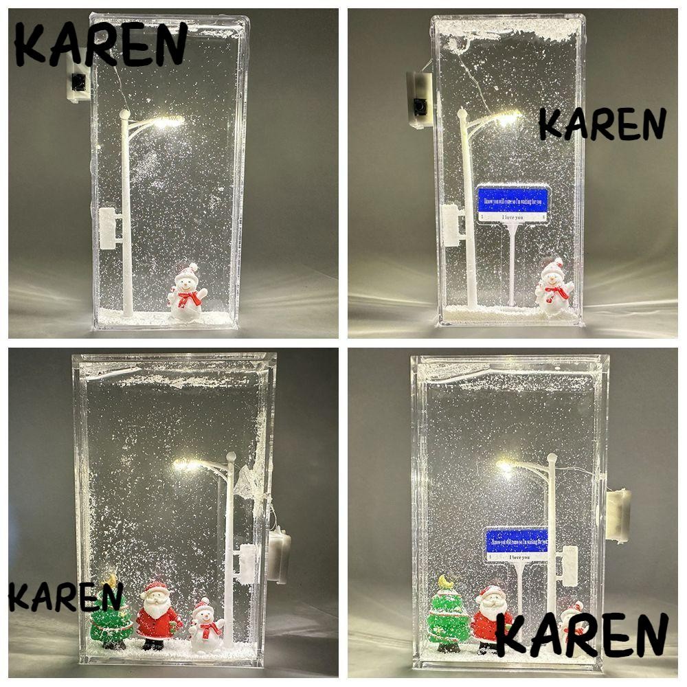 Karen Snowy Night Street โคมไฟ,ทําด้วยมือ DIY ฉากหิมะ Night Light, การออกแบบด้วย Santa Claus พร้อม Snowman Doll Street Flowing โคมไฟตกแต่งคริสต์มาส