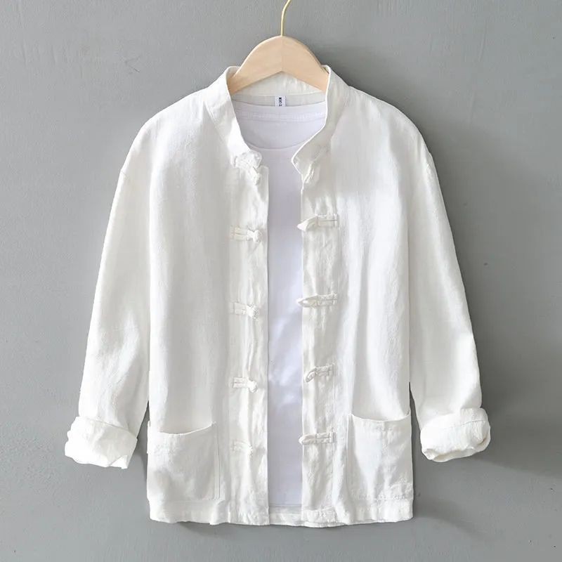 เสื้อเชิ้ตผ้าฝ้ายและผ้าลินินติดกระดุมสําหรับผู้ชายสไตล์จีนยืนปกเสื้อเชิ้ตแขนยาวผ้าลินิน – โปรปัง