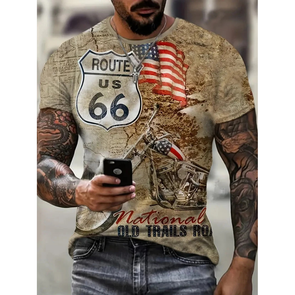 Vintage 66 Route เสื้อยืดสําหรับชาย 3D พิมพ์ Biker มอเตอร์ชายเสื้อยืดขนาดใหญ่ T เสื้อเส้นทาง 66 Raci