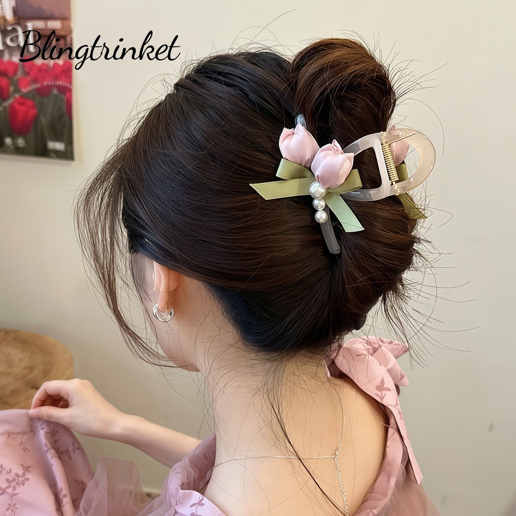 กิ๊บหนีบผม สีที่หลากหลาย🌷 ทิวลิปดอกไม้ การตกแต่งโบว์มุก หวานและอ่อนโยน🥰 คลิปฉลามสไตล์ดอกไม้