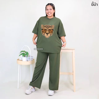 ชุดเซ็ท เสื้อคอกลม แขนสั้น สกรีนลายเสือ กางเกงขายาว ทรงขากระบอก ผ้าอัดลายเม็ดงา ใส่ได้ทั้งชายและหญิง 9015+tt-190#