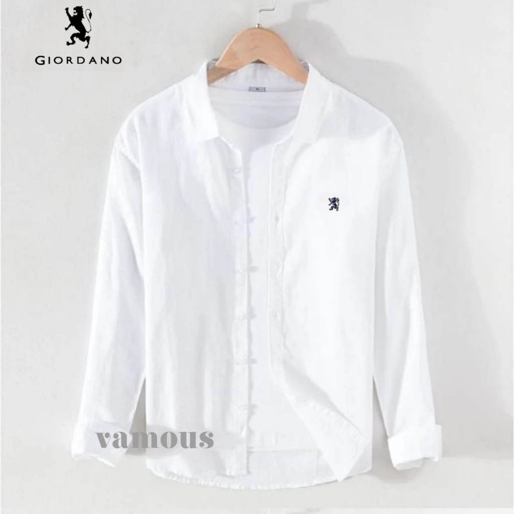 Giordano White Shirt แขนยาว Plain งานปักโลโก้ 3D Slimfit