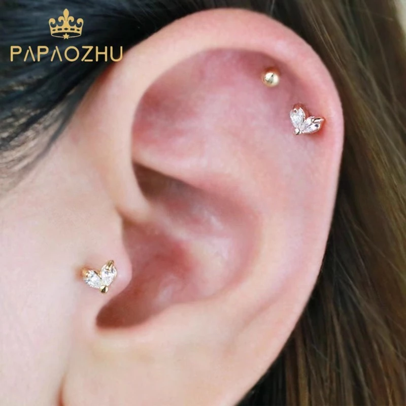 Papaozhu เกาหลี 14K Gold Mini คริสตัลหัวใจสกรูต่างหูผู้หญิง Hypoallergenic เจาะหู Studs เครื่องประดับของขวัญ