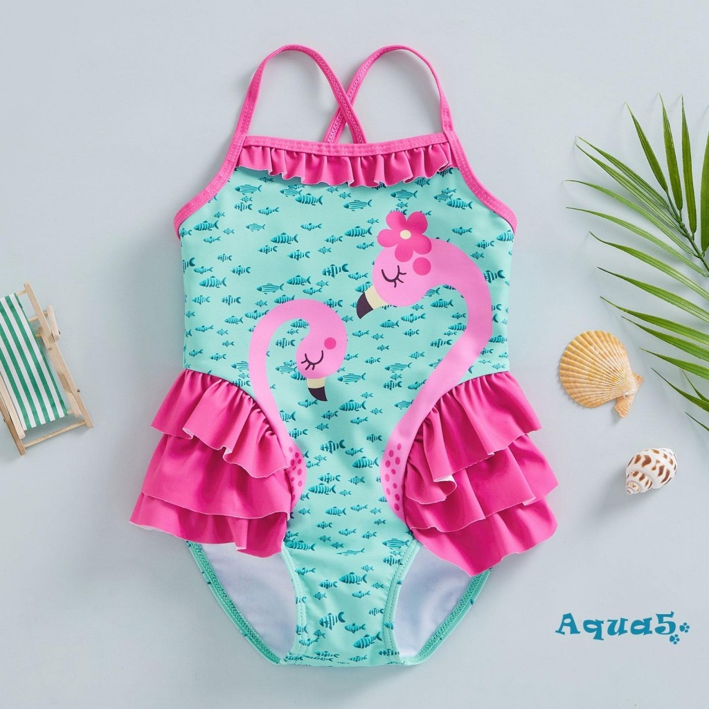 Aqq-เด็กวัยหัดเดินสาวjumpsuitฤดูร้อนบิกินี่flamingoปลาน้อยพิมพ์ชุดว่ายน้ํานัวเนียแขนกุด