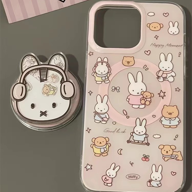 Ins ญี่ปุ่นเกาหลีสีชมพูสั่น Happy Miffy กระต่ายวงเล็บเหมาะสําหรับ Samsung s26ultra เคสโทรศัพท์แม่เหล็กดูด s25fe ง่าย S24/s23/22/21 สาวน่ารัก a56a55a15a57