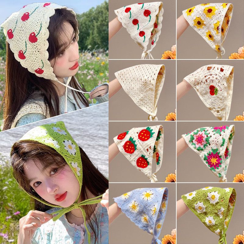 สไตล์ใหม่สไตล์ Pastoral Headscarf Dopamine ถักโครเชต์แถบคาดศีรษะสาวร้อนผ้าพันคอสามเหลี่ยมอุปกรณ์เสริมผม